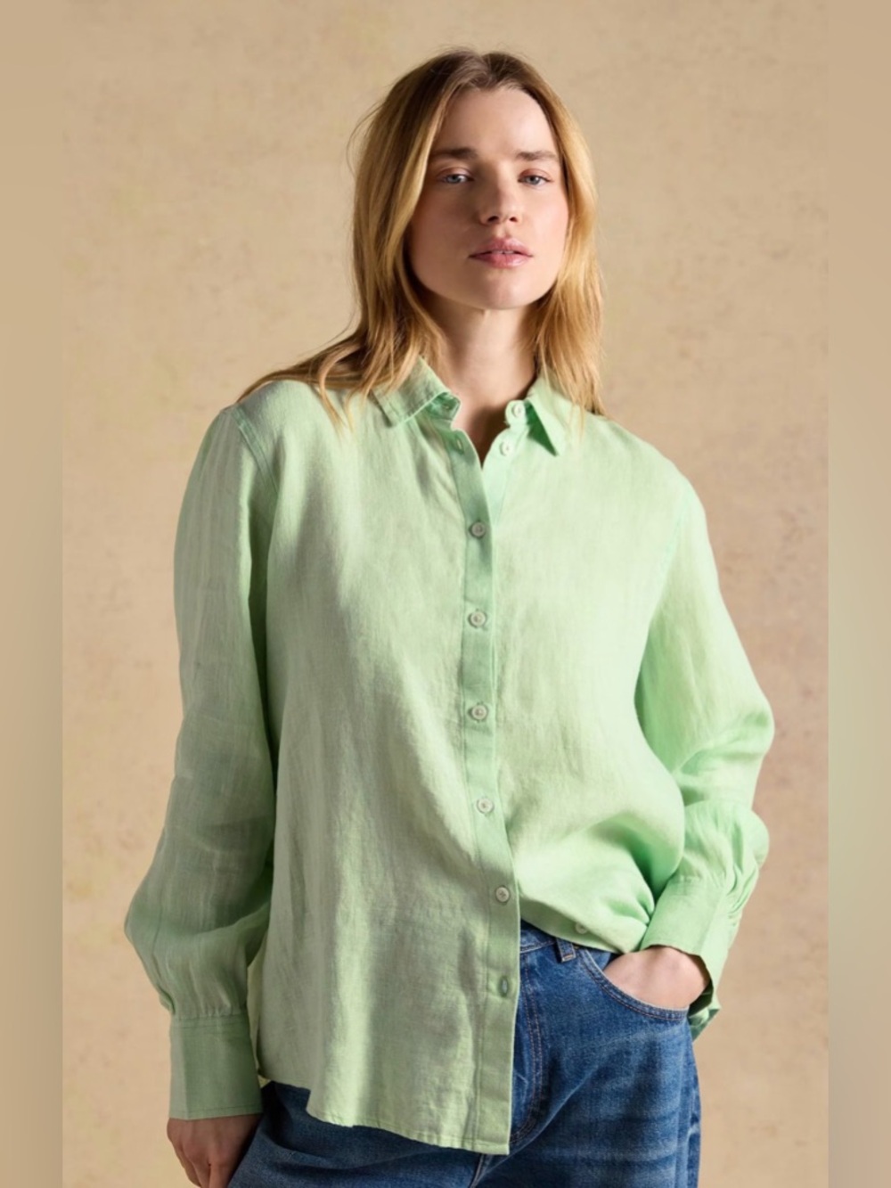 Marks And Spencer M&S Collection 100% Linen Light Green Button-Up Shirt Size 10
